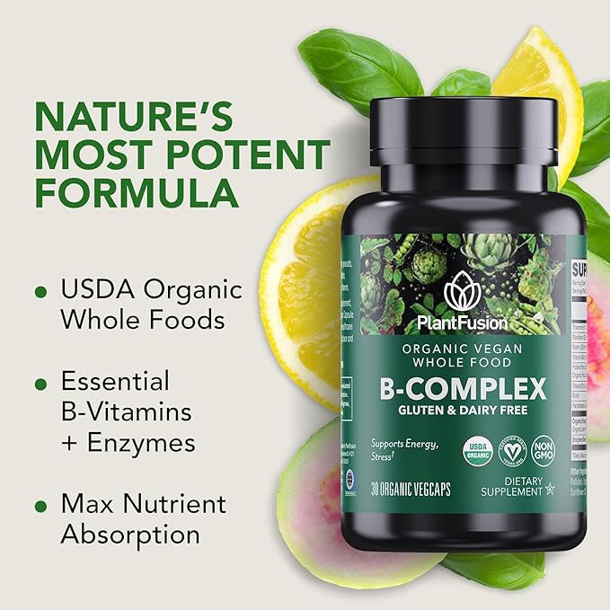PlantFusion Organic Vitamin B-Complex Vegan Whole Food Supplement for Energy &amp Metabolism Methylated B12 Guava Lemon &amp Basil Non-GMO Gluten-Free - 60 Capsules