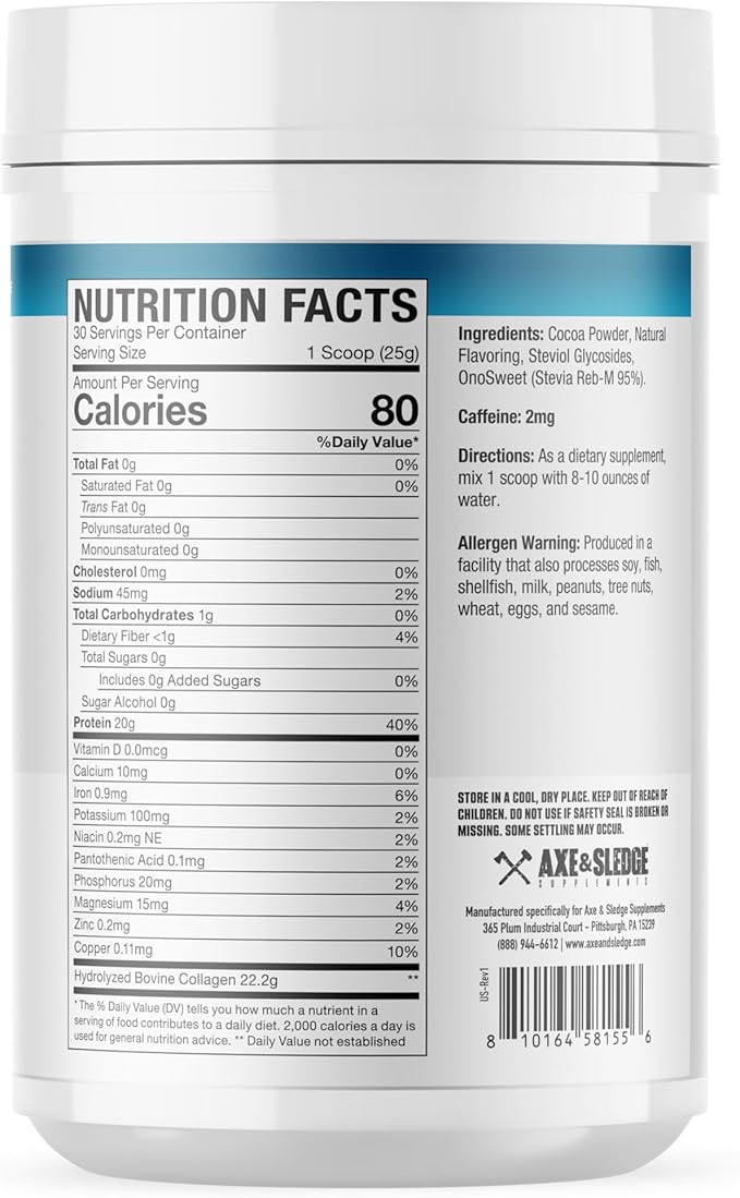 Axe &amp Sledge Pure Hydrolyzed Collagen Powder Gluten Free Keto and Paleo Friendly Grass Fed Chocolate Non GMO 1.46 Lbs
