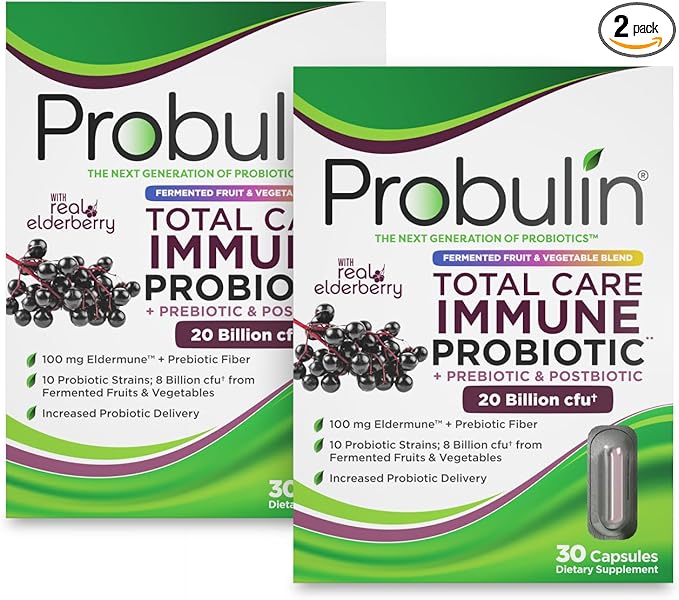 Probulin Total Care Immune = Prebiotics + Probiotics + Postbiotics + Elderberry to Support Immune &amp Gut Health - 20 Billion CFU - 10 Strains - 30 Vegan Capsules (Twin Pack)
