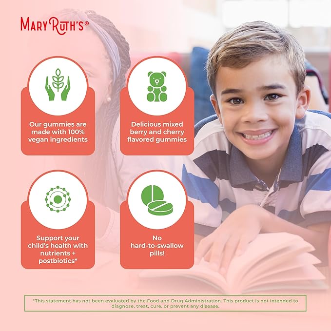 Kids Vitamins by MaryRuth's | USDA Organic | Multivitamin Gummies + Postbiotics for Ages 4+ | Multivitamin for Kids with Lactobacillus Rhamnosus | Children’s Vitamins | Vegan | Non-GMO | 60 Count