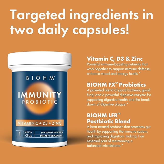 BIOHM Immunity Probiotic with Vitamin C D3 &amp Zinc 1 Billion CFU (60 Capsules) Daily Probiotics for Women &amp Men Digestive Health &amp Immune Support Vegan Gluten-Free and Non-GMO