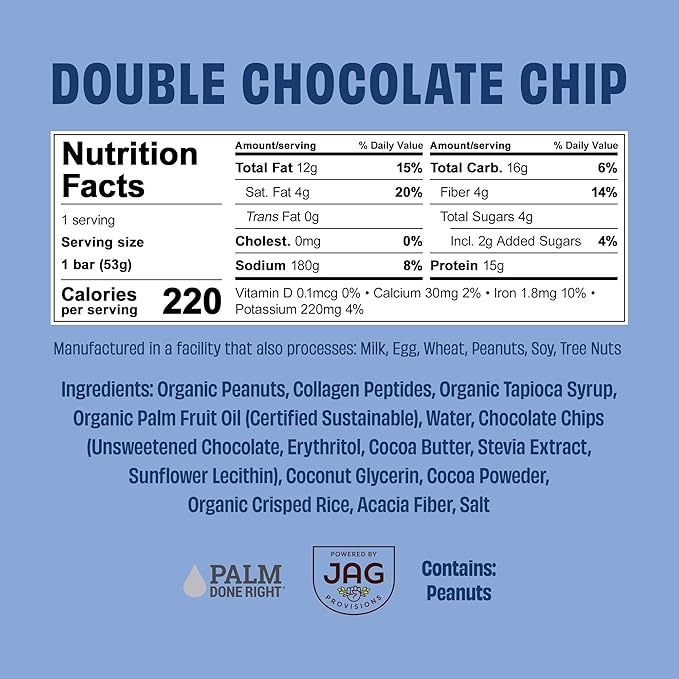 JUSTNOSH Double Chocolate Chip Collagen Protein Bars – 15g Protein 10g Collagen | Gluten &amp Dairy Free Low FODMAP Seed Oil Free (12 Pack)