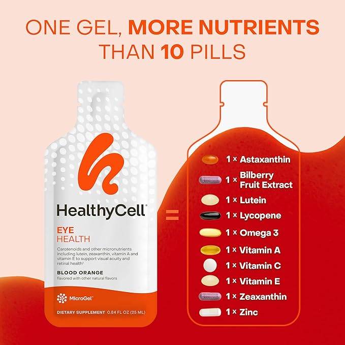 Healthycell Eye Health Daily Liquid Supplement - Eye Vitamins &amp Minerals with Lutein Zeaxanthin Astaxanthin &amp Beta Carotene for Sight Care &amp Macular Support - 30 Gel Packs