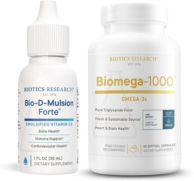 Biotics Research Bio-D-Mulsion Forte Vitamin D3 for Bone Immune &amp Heart Health + Biomega-1000 Omega-3 Fish Oil for Heart Brain &amp Immune Support – 1 fl oz &amp 90 Softgels