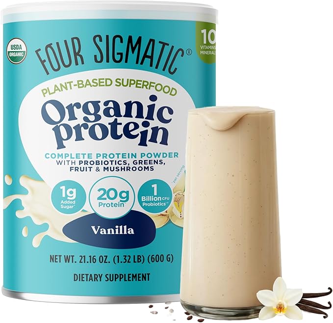 Four Sigmatic Organic Vegan Protein Powder | 18g Plant-Based Protein per Serving | Gluten Free Dairy Free Soy Free Non-GMO with No Filler Ingredients | 21.16oz 15 Servings | Vanilla