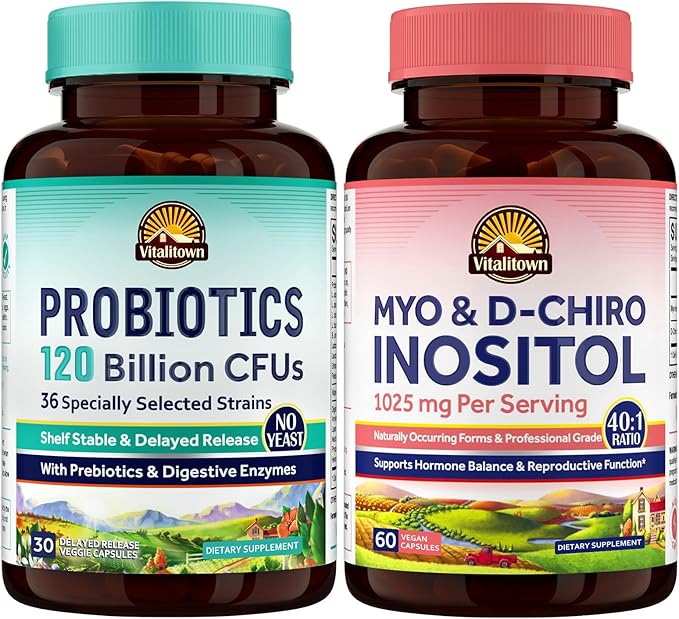 Vitalitown Probiotics &amp Inositol Bundle - 120 Billion CFUs 36 Strains + Prebiotics &amp Digestive Enzymes + Myo-Inositol &amp D-Chiro Digestive Health Immune &amp Hormone Balance for Men &amp