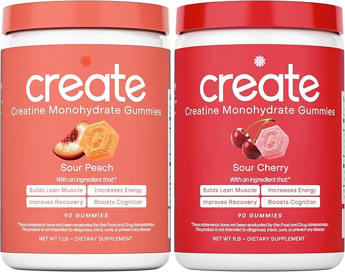 Create Creatine Monohydrate Gummies - Peach Pump Duo - Sour Peach &amp Sour Cherry - Creatine Gummies for Women &amp Men NSF Certified 3rd Party Tested Anti-Melting Formula 180 Count (2-Pack)