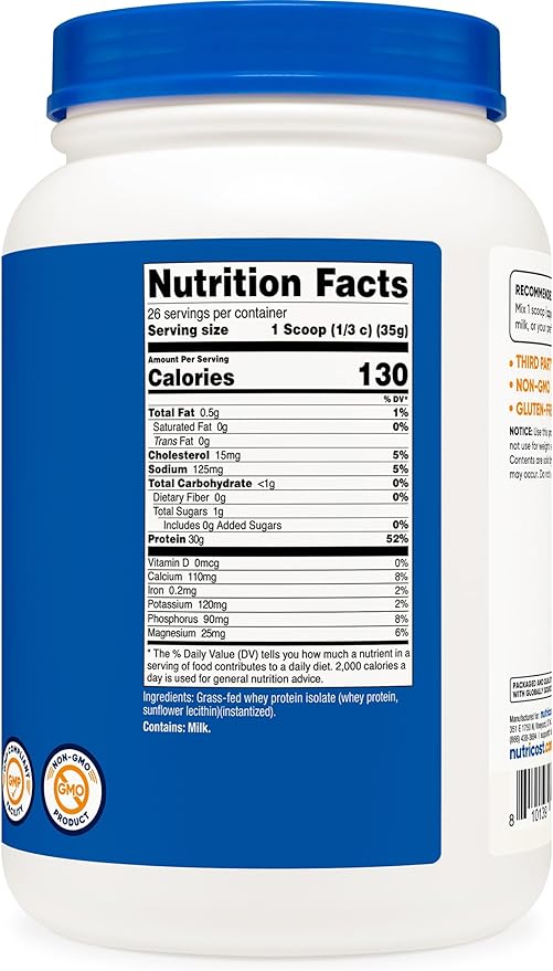 Nutricost Grass-Fed Whey Protein Isolate (Unflavored) 2LBS - Non-GMO Gluten Free Pure Protein