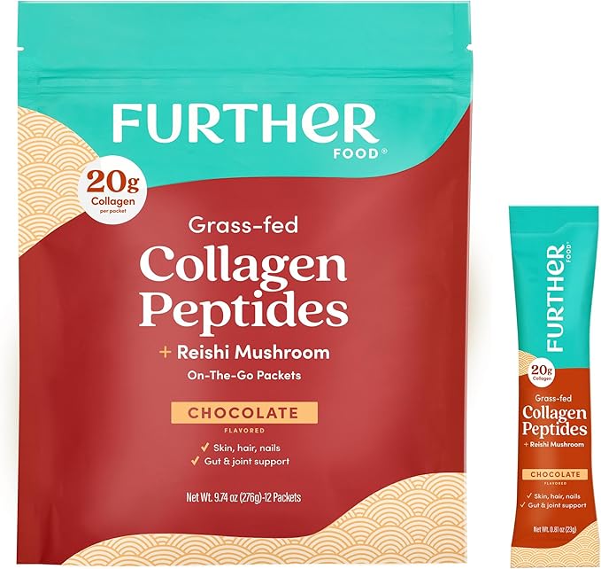 Further Food Chocolate Collagen Peptides Powder with Reishi Mushroom - 100% Grass-Fed Hydrolyzed Type 1 &amp 3 20g of Collagen per Serving Supports Skin Hair Nails &amp Joints Stick Packs 9.7