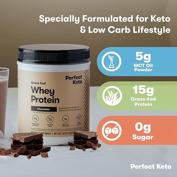 Perfect Keto Pure Whey Protein Powder Isolate Delicious 100% Grass Fed Meal Replacement Shake No Artificials Gluten Free Soy Free Non-GMO (Chocolate)