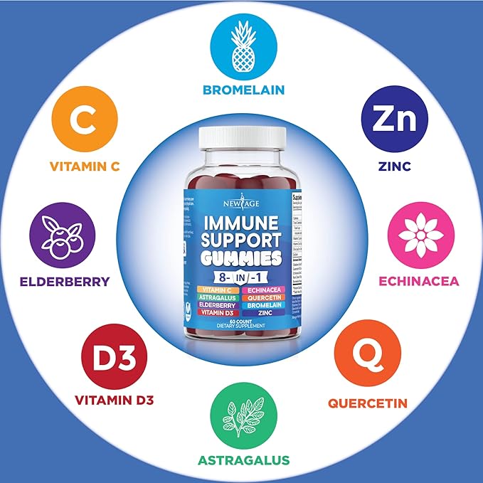 NEW AGE 8 in 1 Immune Support Booster Supplement with Astragalus Root Vitamin C and Zinc 50mg Vitamin D 5000 IU Quercetin &amp Bromelain (8 in 1 Gummies (Pack of 2))