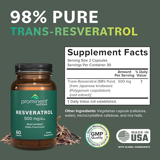 Prominent Nutrition Resveratrol Supplement Anti-Aging and Immune Support 98% Pure Trans-Resveratrol Supplement 500 mg 30 Day Supply - 1 Pack