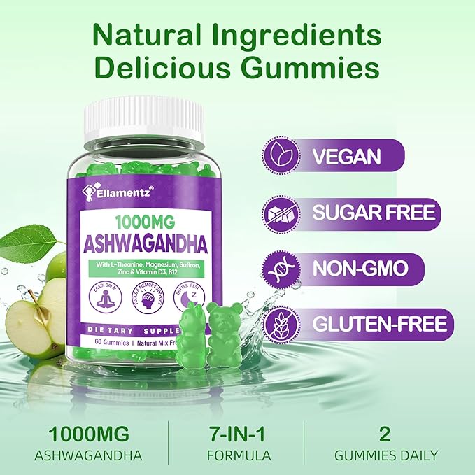 Ashwagandha Gummies 1000mg with L-Theanine &amp Magnesium - Natural Calm Gummies with Vitamin D3 B12 &amp Zinc Support Relaxation Daily Mo♡d Balance Night Rest Sugar Free120 Counts