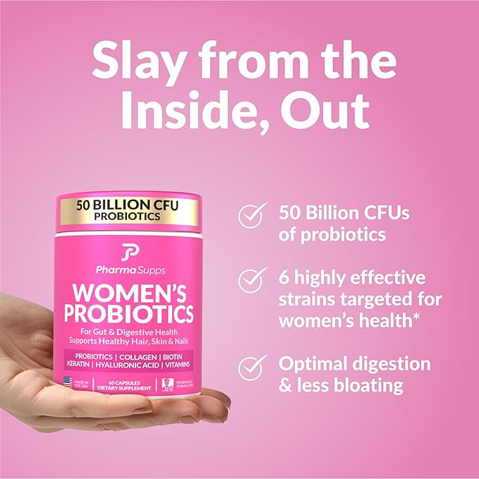 Advanced Women's Probiotics for Gut Health with Hair Skin &amp Nails Vitamins Support - 50 Billion CFU w/Collagen Biotin &amp Keratin - Probiotic Supplement for Digestive Health &amp Bloating Re