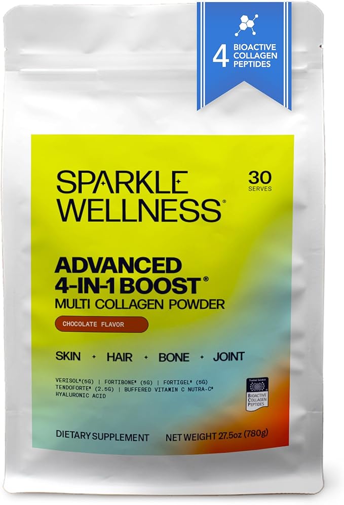 Sparkle Wellness Advanced 4 in 1 Boost | Clinically Tested Multi Collagen Powder with VERISOL FORTIBONE FORTIGEL TENDORFORTE | Skin Hair Bone Joint Health | Chocolate