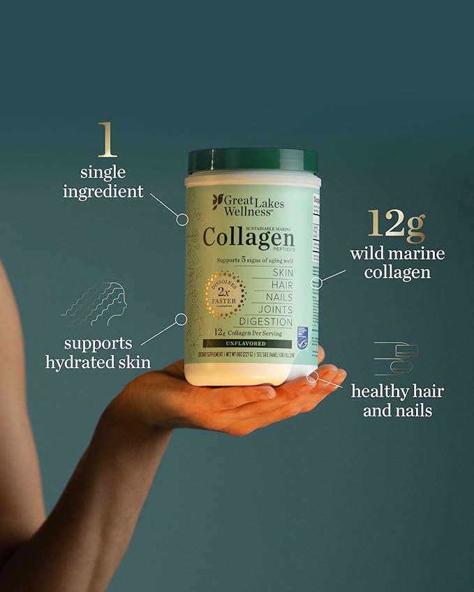 Great Lakes Wellness Sustainable Marine Collagen Peptides - Wild Caught MSC Certified - Unflavored Hydrolyzed Protein Powder - Support for Skin Hair Nails Joints &amp Digestion - iGen Non-GMO - 16