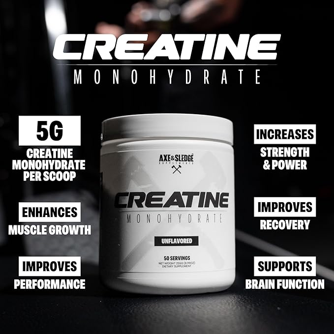 Axe &amp Sledge Basics Creatine | Unflavored Enhances Strength &amp Performance Increases Lean Body Mass 50 Servings | Pure Creatine Monohydrate No Fillers or Artificial Substances | 50 Servings