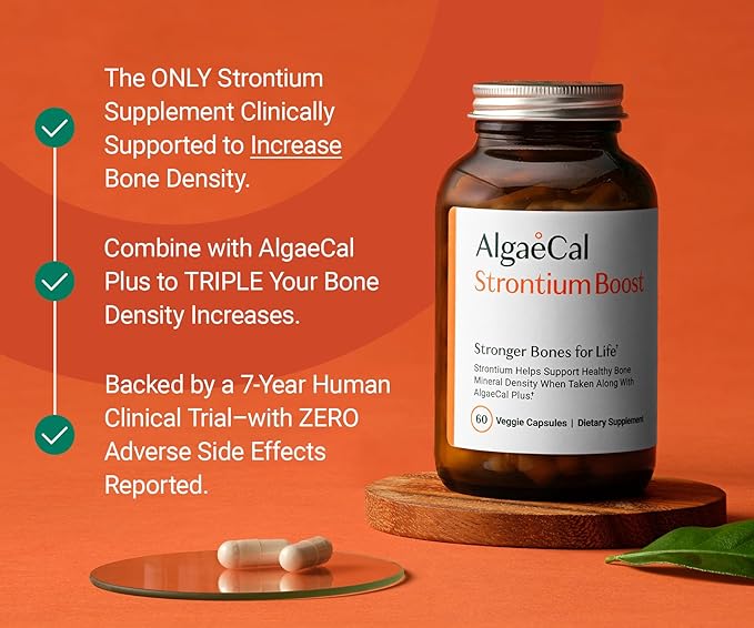 AlgaeCal - Strontium Boost Natural Calcium Supplement for Bone Density Increase Strontium Citrate 680 mg Easy to Swallow for Bone Health &amp Bone Strength Gluten-Free - 60 Veggie Caps- Made in U