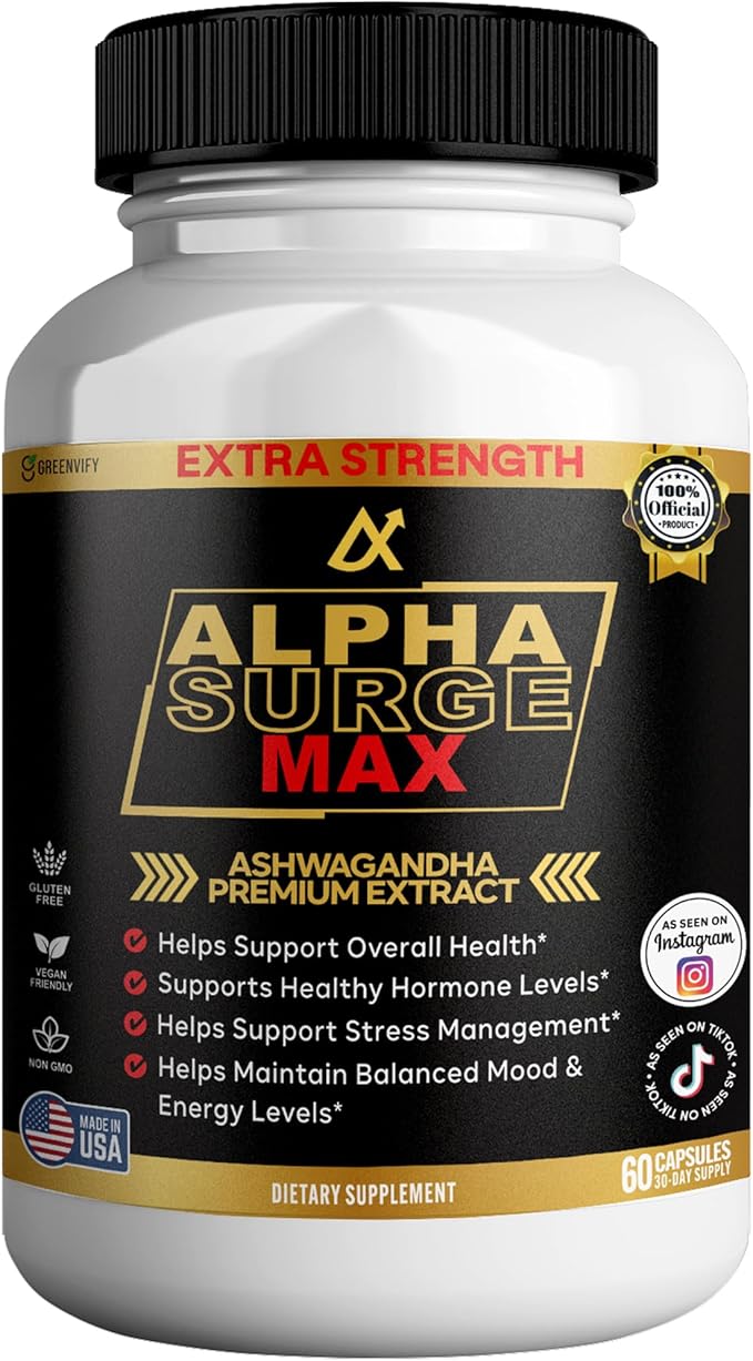 Alpha Surge Max Organic Ashwagandha Black Pepper Extract 60 Capsules Extra Strength Dietary Supplement (1)