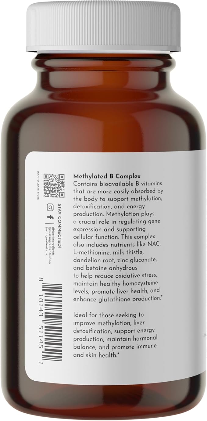 JUST INGREDIENTS Methylated B Complex with Liver Support - Energy Detox Glutathione Skin - 90 Capsules