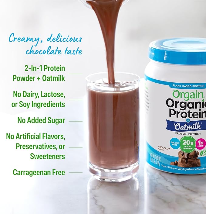 Orgain Organic Vegan Protein Powder + Oat Milk Chocolate - 20g Plant Based Protein Gluten Free No Dairy Soy or Lactose Ingredients Low Sugar Non-GMO Kosher For Shakes &amp Smoothies - 1.05lb