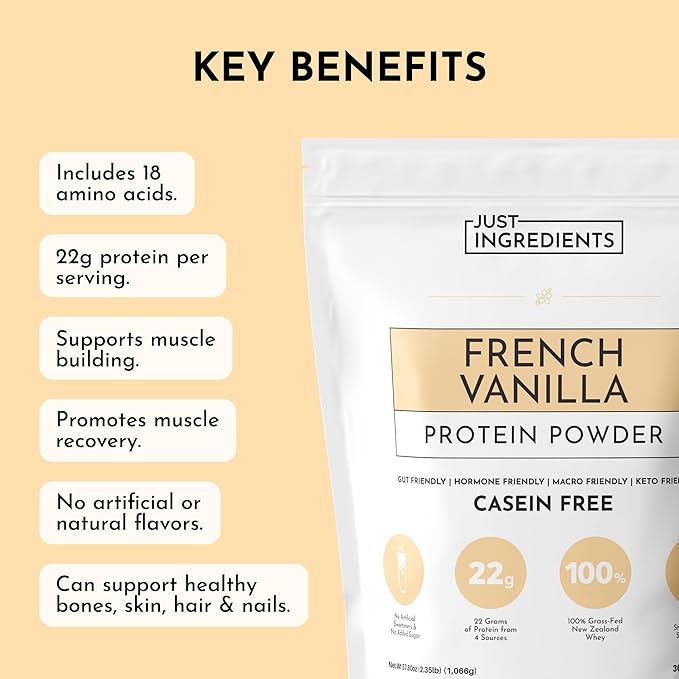 JUST INGREDIENTS French Vanilla Protein Powder – 30 Serving Bag – Grass-Fed Whey &amp Plant Protein Blend with Real Vanilla Bean – Sweetened with Coconut Sugar &amp Monk Fruit Non-GMO Gluten-Free