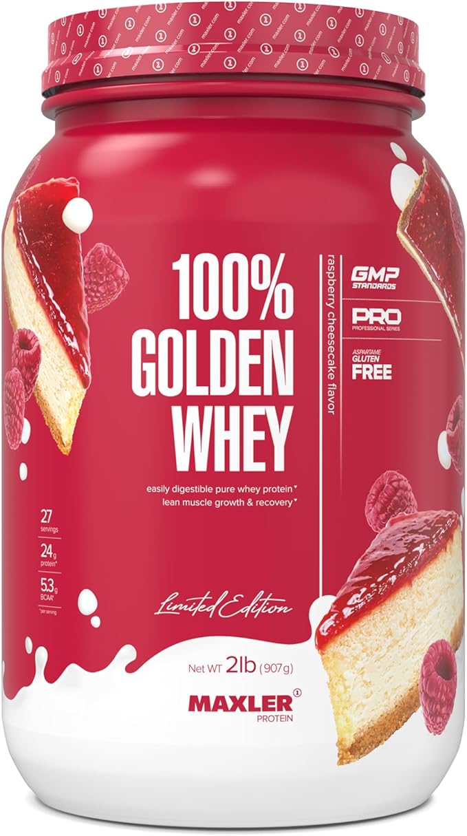 Maxler 100% Golden Whey Protein - 24g of Protein per Serving - Whey Protein Powder for Pre Post Workout - Fast-Absorbing Whey Concentrate Isolate &amp Hydrolysate Blend - Raspberry Cheesecake 2 lb