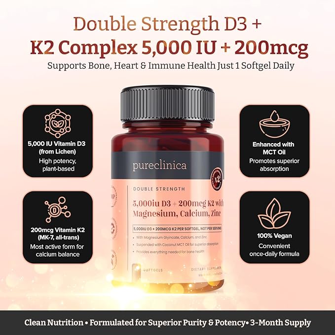pureclinica Double Strength D3 + K2 Complex x 90 Vegan Softgels – 5000 IU D3 + 100mcg K2 with Magnesium Calcium &amp Zinc – 3 Months Supply
