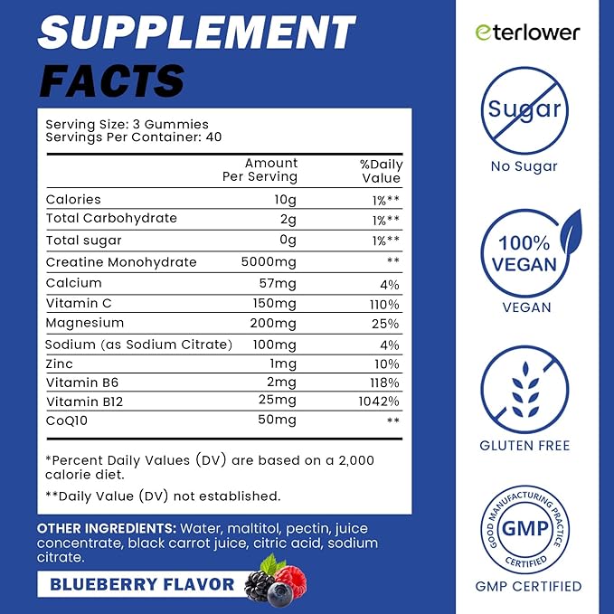 Creatine Monohydrate Gummies 5g – Pre-Workout Energy &amp Muscle Growth Support for Men &amp Women | Blueberry Electrolyte Gummies 120 Count
