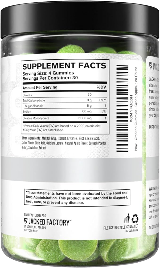 Jacked Factory Sugar Free Creatine Gummies - 5g Daily Dose (1.25g per Gummy) - Creatine Gummy Sugar Free for Men and Women Vegan-Friendly Third-Party Tested - 120 Gummies Green Apple