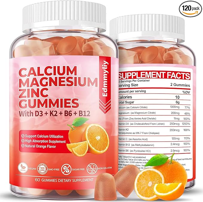 Sugar Free Calcium Magnesium Zinc Supplement Gummies with Vitamin D3 &amp B12 for Women and Men High Absorption Calcium Magnesium Supplement for Immune Support (120 Counts)