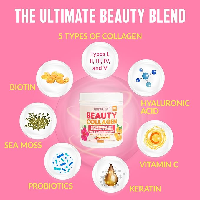 Beauty Collagen Powder-5 Types of Hydrolyzed Collagen Sea Moss Biotin Keratin Hyaluronic Acid Vitamin C and Probiotics–Hair Skin Nails- All Natural Made in USA-45 Servings- Mixed Berry