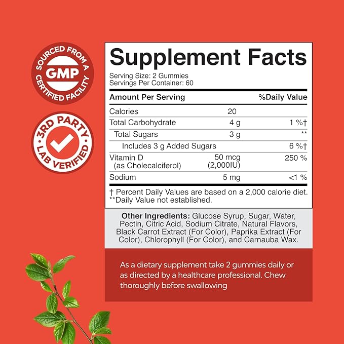 Natures Craft Vitamin D3 Gummies for Daily Wellness - Delicious Vitamin D Gummies for Adults with D3 2000IU per Serving Bone Muscle &amp Immune Support - Non-GMO Gelatin &amp Gluten Free - 120 Count