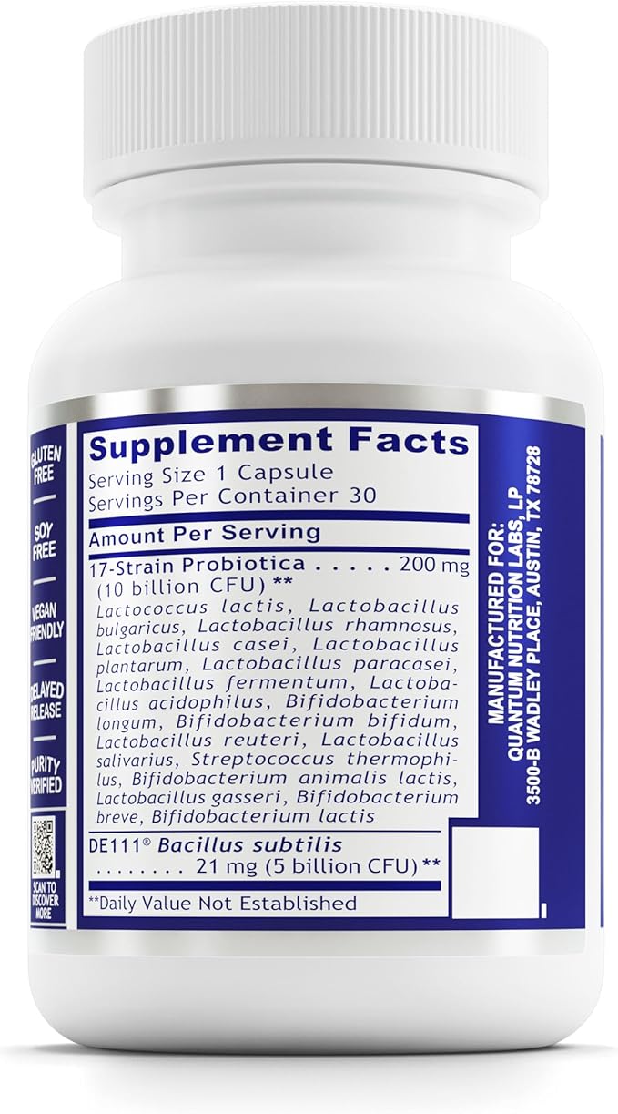 Quantum Nutrition Labs Probiotic Daily 18 - Probiotics for Digestive Health Probiotics for Women and Men with Lactobacillus Acidophilus Reuteri for Healthy Gut Microbiome - 30 Vegetarian Capsules