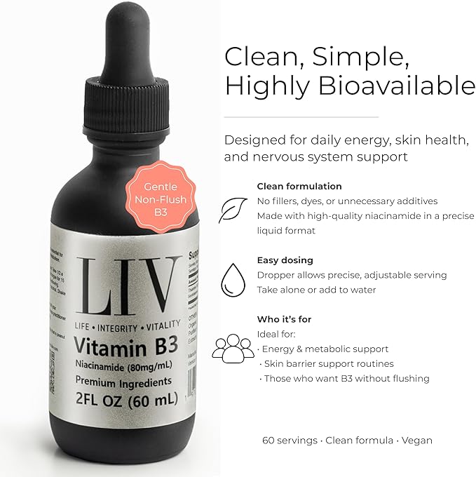 LIV Vitamin B3 Liquid – Niacinamide 80mg/mL Supplement for Cellular Energy &amp Skin Support – Non-Flush Drops – 60 mL