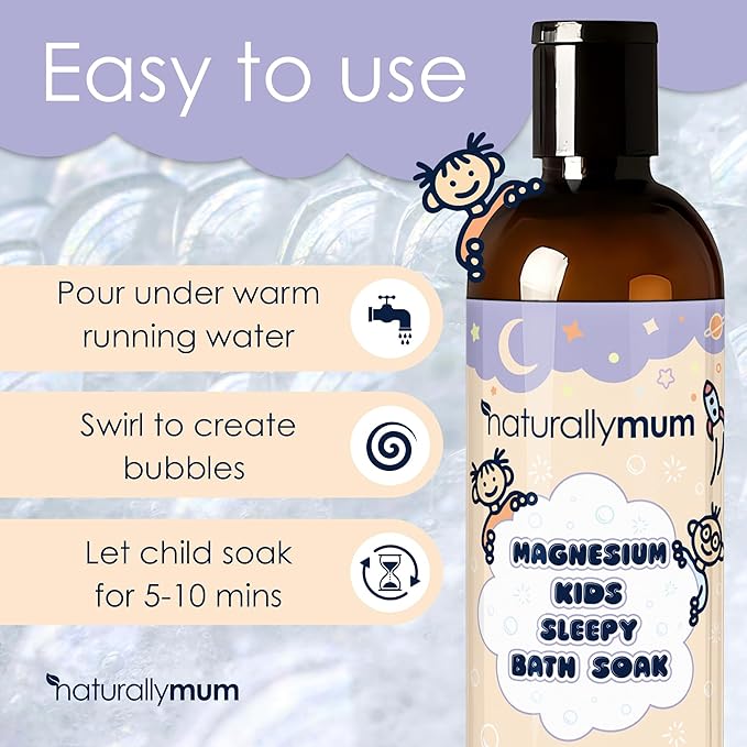 NaturallyMum Kids Magnesium Lotion with Vitamin D and Magnesium Sleepy Bath Soak Bundle - Support for Sleep Heart Bone Nerve Gut and Muscle Health - Lavender &amp Chamomile - 4.2 fl oz &amp 8.8