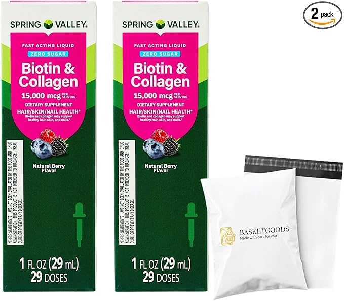 Liquid Biotin and Collagen 15000Mcg Natural Berry Flavor Drops for Hair Skin Nails - Spring Valley 1 fl oz (Pack of 2) - Set by Basket Goods