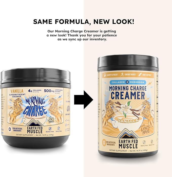Earth Fed Muscle Morning Charge Protein Coffee Creamer with Collagen &amp Lion’s Mane – Organic Coffee Creamer with Adaptogenic Mushrooms – Dairy-Free Soy-Free Gluten-Free – 24 Serving
