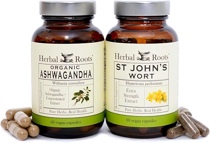 Herbal Roots Mood Duo Organic St. John's Wort and Ashwagandha Supplement Natural Mood Support Non-GMO