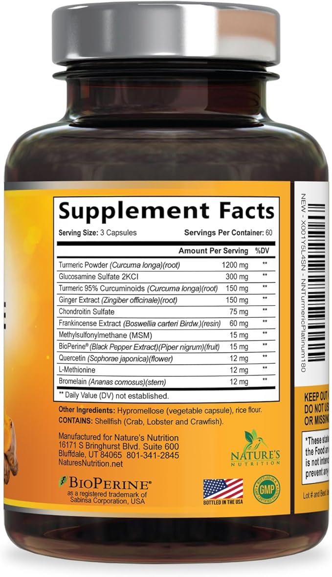 Turmeric Curcumin Supplement - 95% Curcuminoids with Glucosamine Ginger &amp MSM BioPerine Black Pepper Extract for Best Absorption Natural Vegan Joint Support Non-GMO Bottled in USA - 180 Capsu