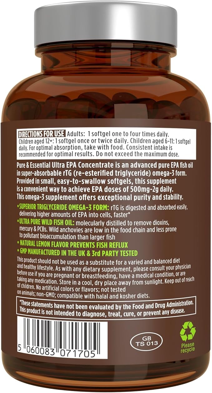 Igennus Ultra Pure Omega-3 EPA 500mg Highly Concentrated IFOS Certified Wild Fish Oil Advanced rTG Triglyceride Form Non-GMO 180 Small Softgels