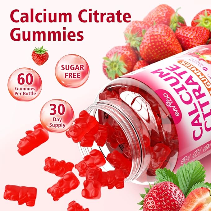 2 Packs High Absorption Calcium Citrate Gummies 1200mg - Bone &amp Teeth Support for Adults &amp Kids Vegan Sugar-Free Gummies Strawberry Flavor 120 Count