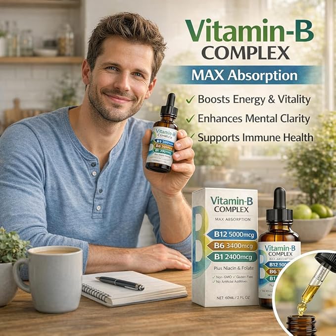 Vitamin B12 Complex Liquid Drops Sublingual B Complex with B12 B6 B1 Niacin &amp Folic Acid for Metabolic Health &amp Energy Support Vegan | Non-GMO | Gluten Free 60ml/2 fl oz 60 Servings (1