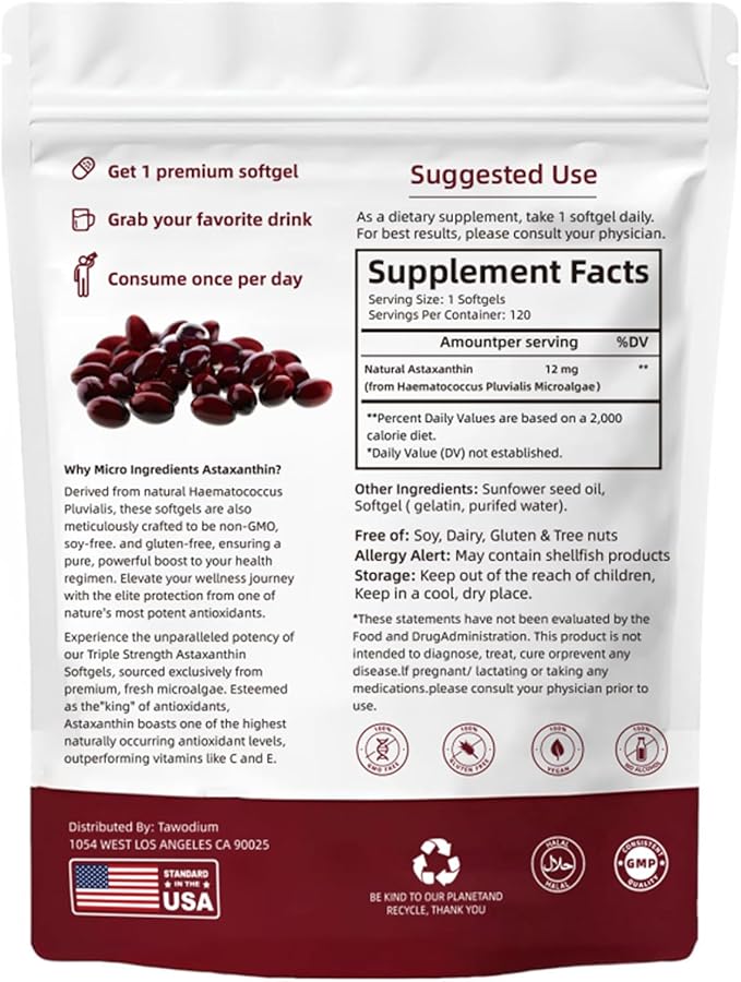 Astaxanthin 12mg Triple Strength Skin Vitamins for Women with Antioxidant ActivitySupports Immune Skin Eye &amp Joint HealthPromote Internal CirculationChocolate Flavor120 Servings