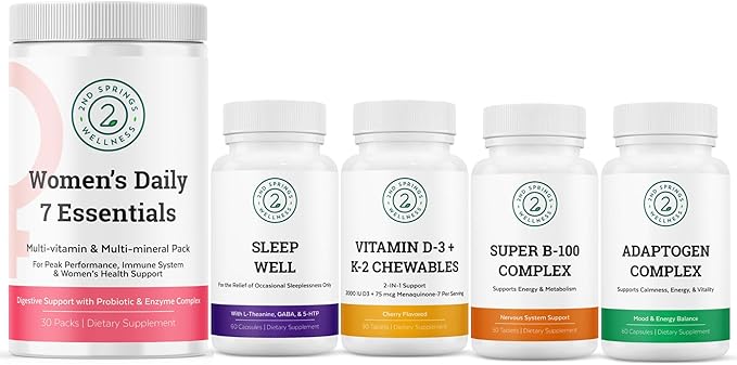 Ultimate Women's Health Bundle - Vitamin D3+K2 Super B-100 Complex Sleep Well Adaptogen Complex &amp Women's Daily 7 Essentials