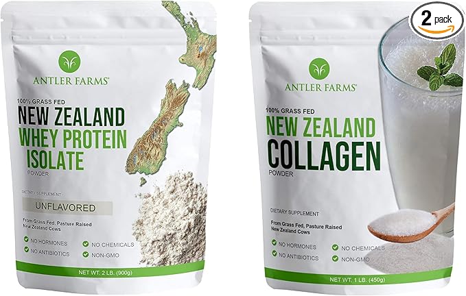 Antler Farms - 100% Grass Fed New Zealand Whey Protein Isolate &amp Collagen Powder Bundle