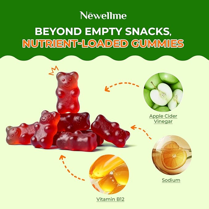 NEWELLME ACV Gummies with the Mother &amp B12 – Sugar-Free Great-Tasting Vegan Gummies for Digestion Metabolism &amp Daily Energy Support 180 Count