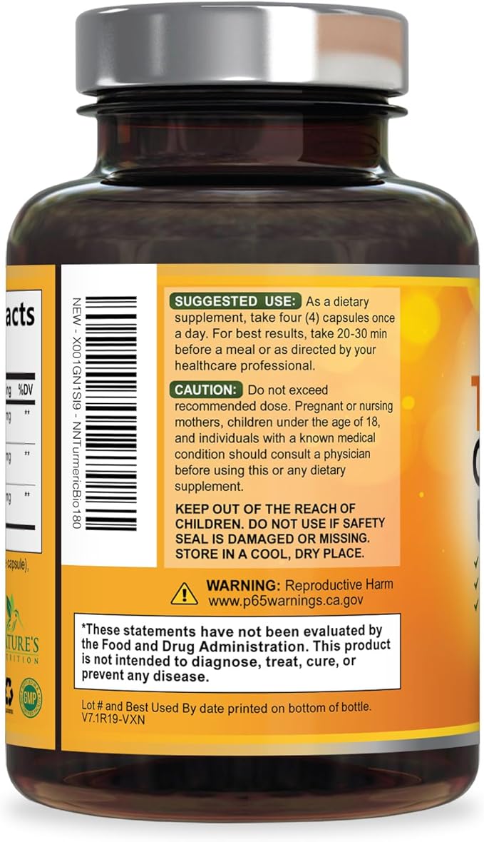 Turmeric Curcumin Supplement - 2400mg Organic Turmeric Per Serving - 95% Curcuminoids &amp BioPerine Black Pepper Extract for Best Absorption - Natural Vegan Joint Support Bottled in USA - 180 Capsu