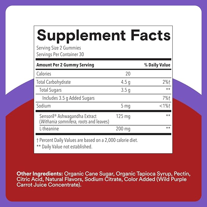 SmartyPants Adult Stress Support Gummies: Fast-Acting Calm &amp Mood Support with L-Theanine 200mg &amp Ashwagandha (Sensoril) Non-Drowsy Mixed Berry Flavor 60 Count (30 Day Supply)