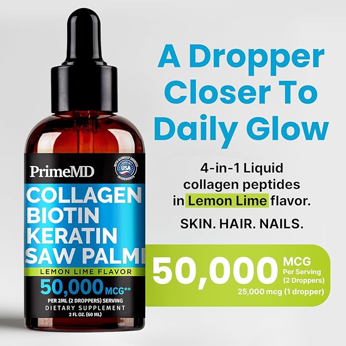 Lemon Lime Liquid Collagen Drops With Liquid Biotin For Radiant Hair Smooth Skin Strong Nails | Daily Peptides Support Collagen For Women &amp Men | Great-Tasting Easy Dropper-Ready 2 Fl Oz (2 P